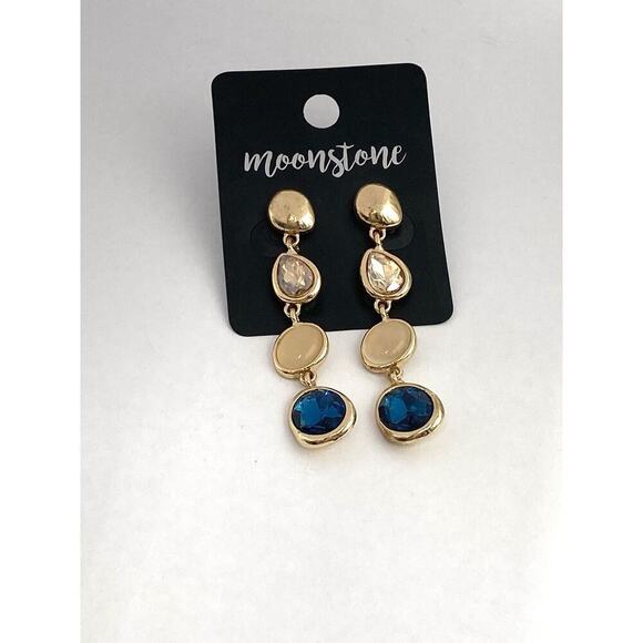 Earrings Drops Dangles Glass Stones Blue Gold Tone - Picture 1 of 7
